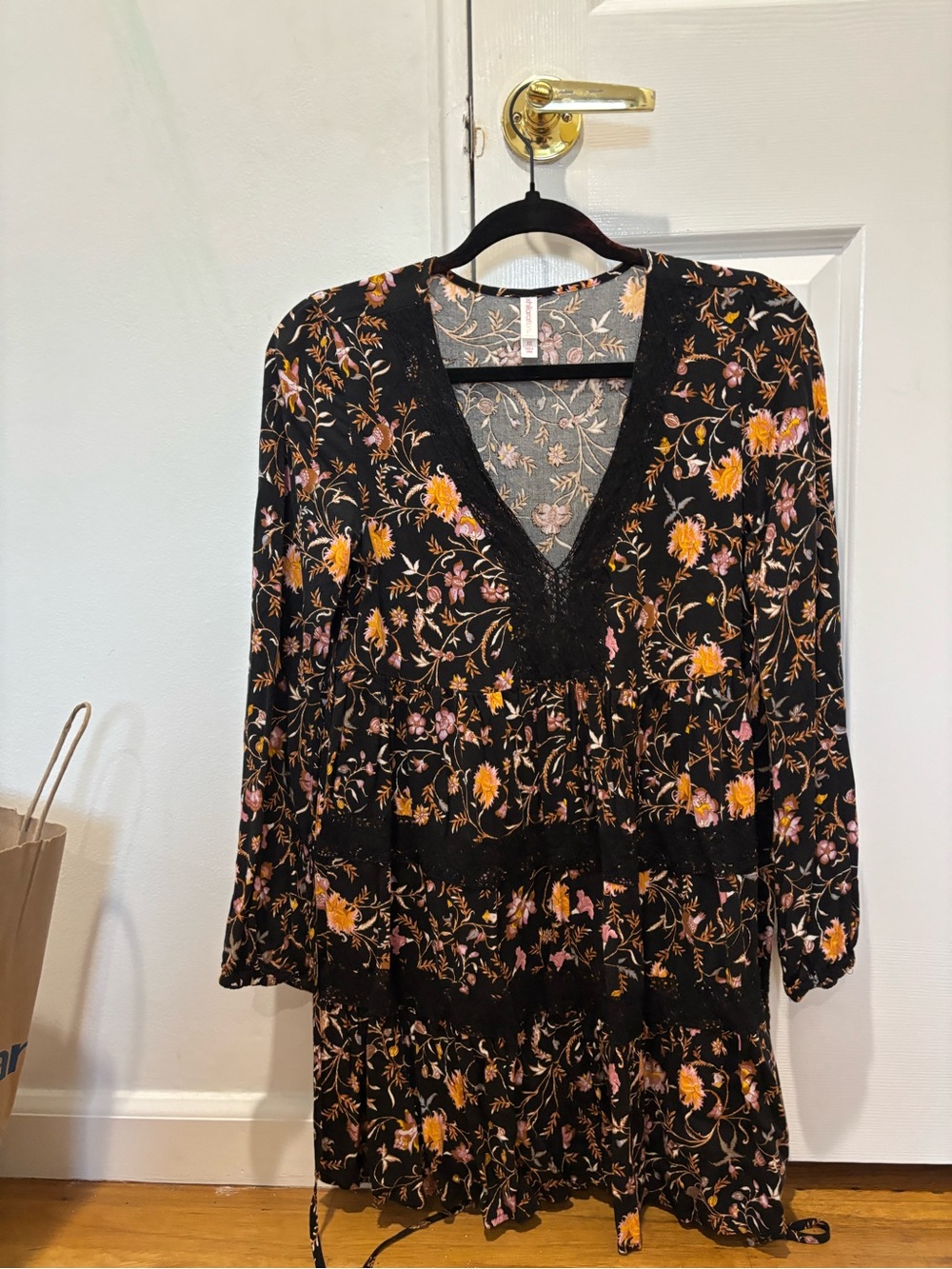 Xhilaration Black Floral V-Neck Tiered Long Sleeve Dress